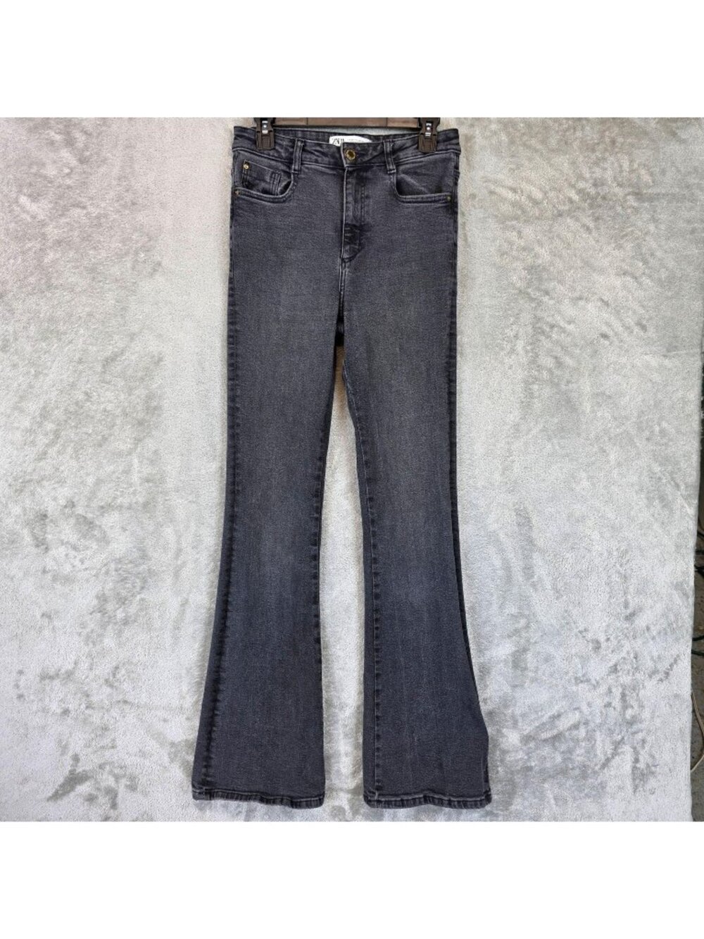 Zara Flare Jeans Womens 6 Gray Charcoal Wash High Rise Slim Flare Stretch Denim